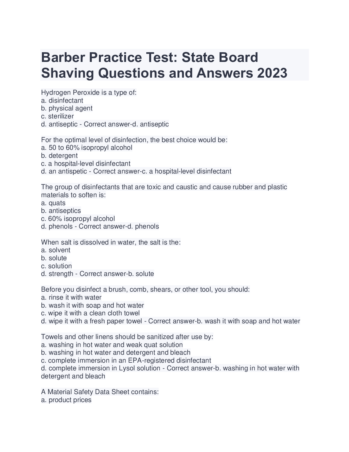 Barber Practice Test State BoardShaving Questions and Answers 2023